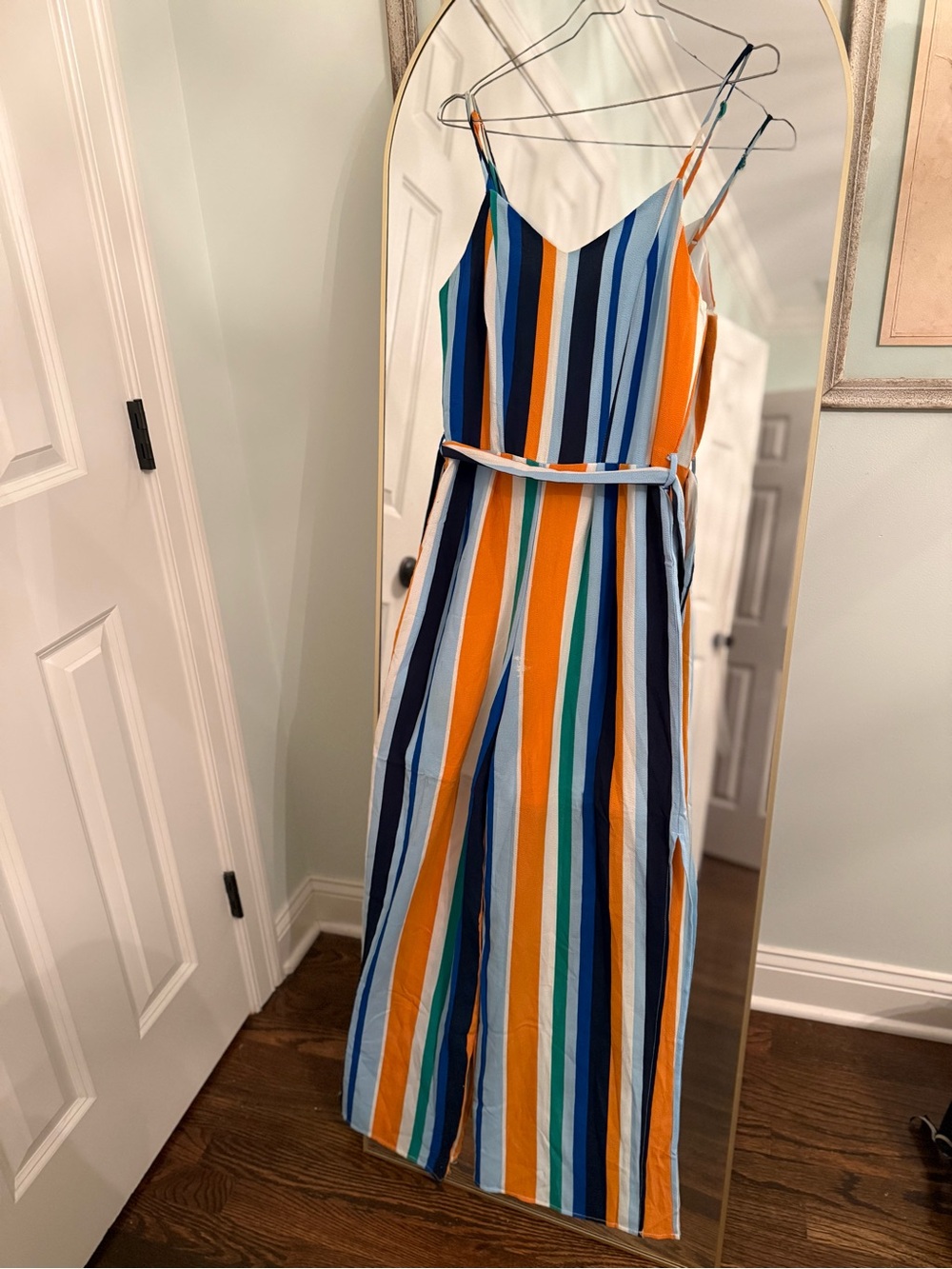 Monteau Striped Spaghetti-Strap Jumpsuit in Blue, Orange & Green